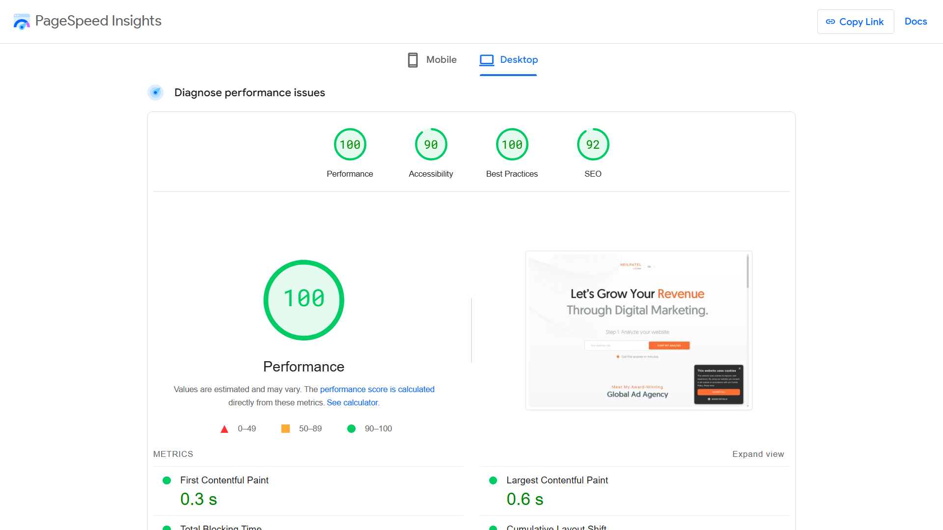 PageSpeed Insights showing the performance score for a website. 