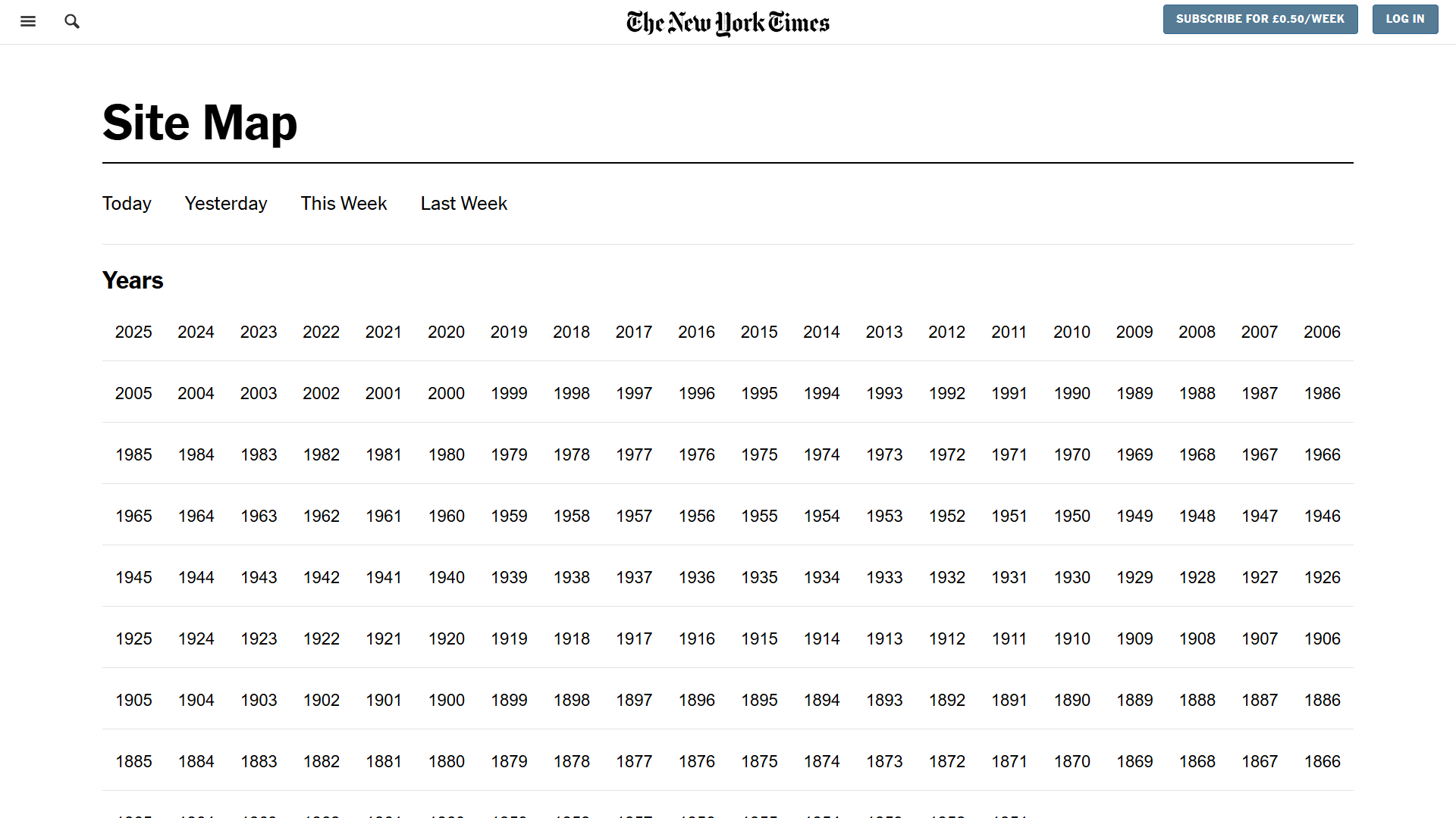 Screenshot of The New York Times' sitemap with the current year all the way back to 1866 shown. 