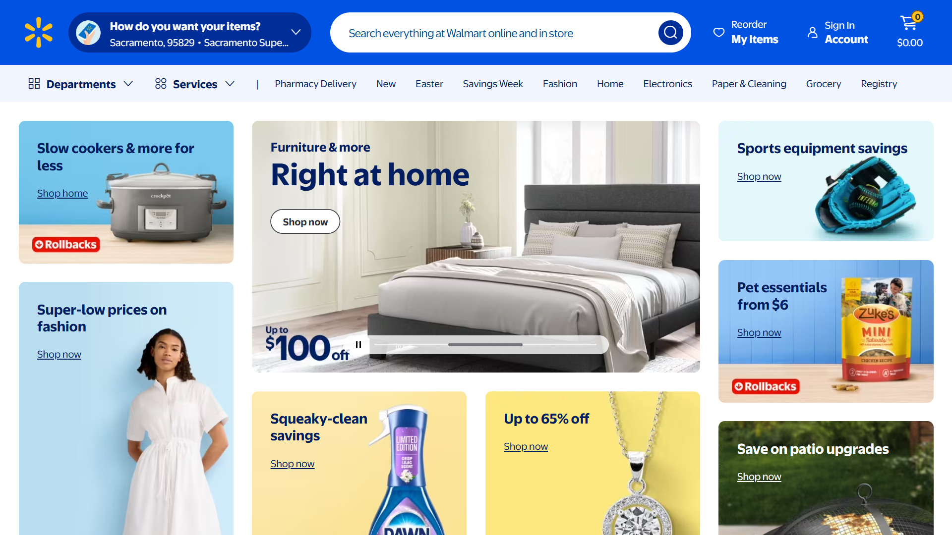 Walmart homepage with images of various products. 