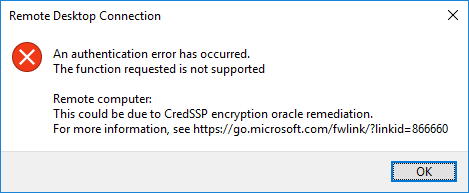 CredSSP-authentication-error-after-installing-May-8-2018-patch-Windows-10 Windows 10 RDP CredSSP Encryption Oracle Remediation Error Fix